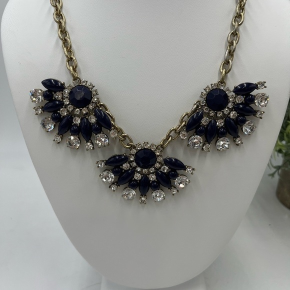 J. Crew Navy Blue and Clear Rhinestone Triple Fan Statement Bib Necklace - Picture 2 of 16